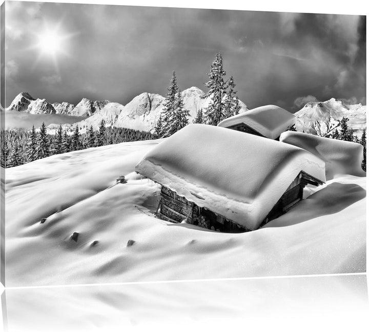 Pixxprint Berghütten Alpen / 100x70cm Leinwandbild bespannt auf Holzrahmen/Wandbild Kunstdruck Dekor