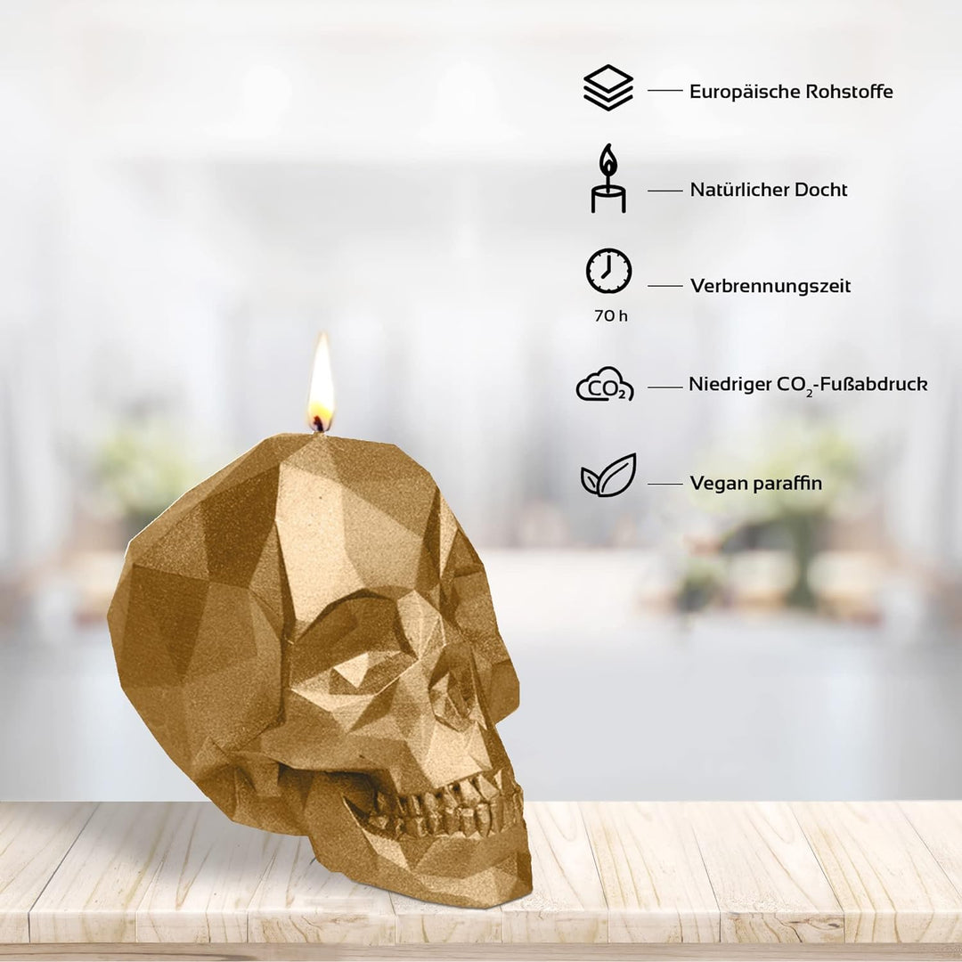 Candellana Kerze Kleiner Schädel Low Poly | Höhe: 12 cm | Klassisches Gold | Totenkopf | Handgeferti
