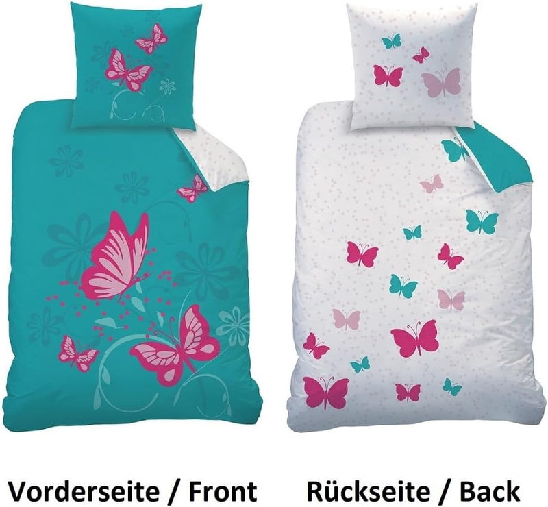 CTI - Bettwäsche Set Schmetterlinge 135x200 cm 80x80 cm Baumwolle türkis rosa Linon Wendebettwäsche