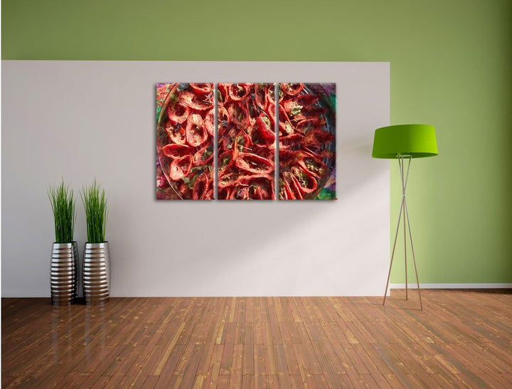 Pixxprint Tomaten Olivenöl Kräuter als Leinwandbild/Grösse: 3 Teilig (120x80) cm/Wandbild/Kunstdruck