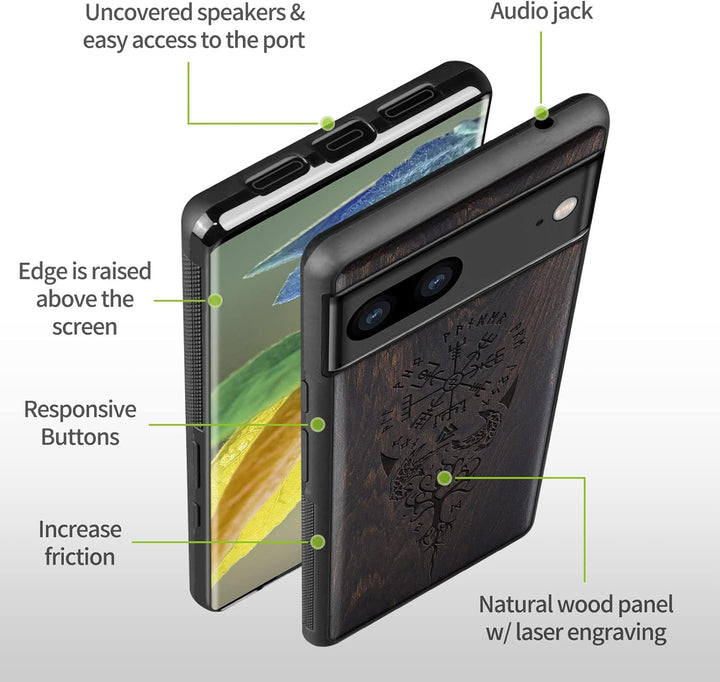 Carveit Holz Handyhülle für Google Pixel 7a Cover [Einzigartiges Design Case] Stossstange hülle Komp