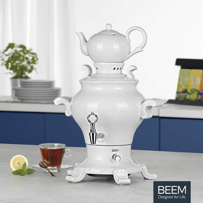 BEEM ODETTE BLANC Samowar - 5 l | Porzellan | 1800 W | 1 L Teekanne mit Sieb Edelstahl | 5 L Heisswa