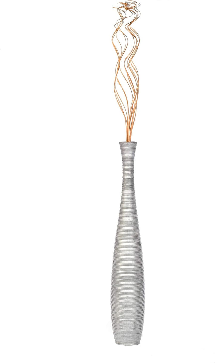 Leewadee Grosse Bodenvase für Dekozweige hohe Standvase Design Holzvase, Holz, 70 cm, Silber 70 cm S