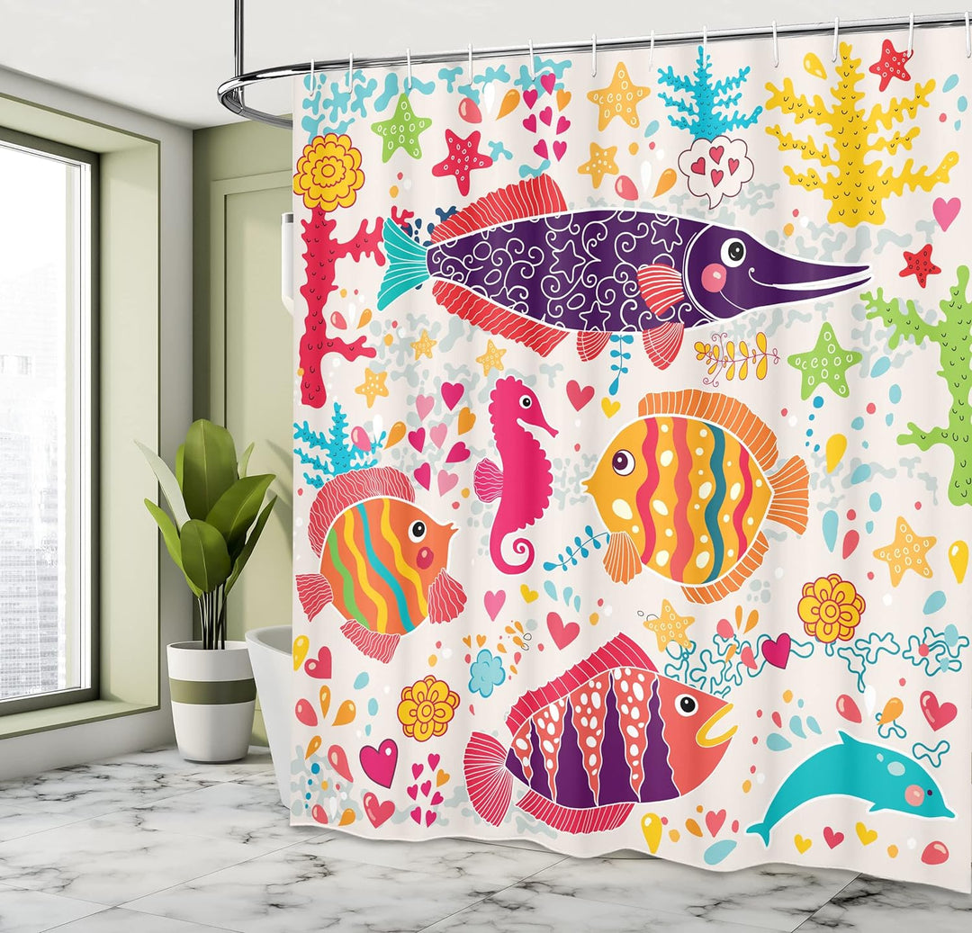 ABAKUHAUS Kids Duschvorhang, Cartoon Unterwasser Fisch, mit 12 Ringe Set Wasserdicht Stielvoll Moder
