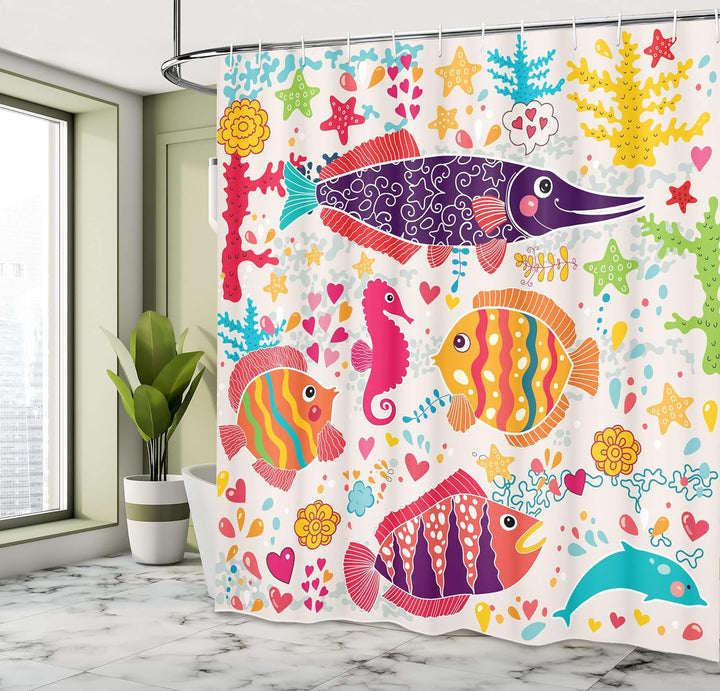 ABAKUHAUS Kids Duschvorhang, Cartoon Unterwasser Fisch, mit 12 Ringe Set Wasserdicht Stielvoll Moder