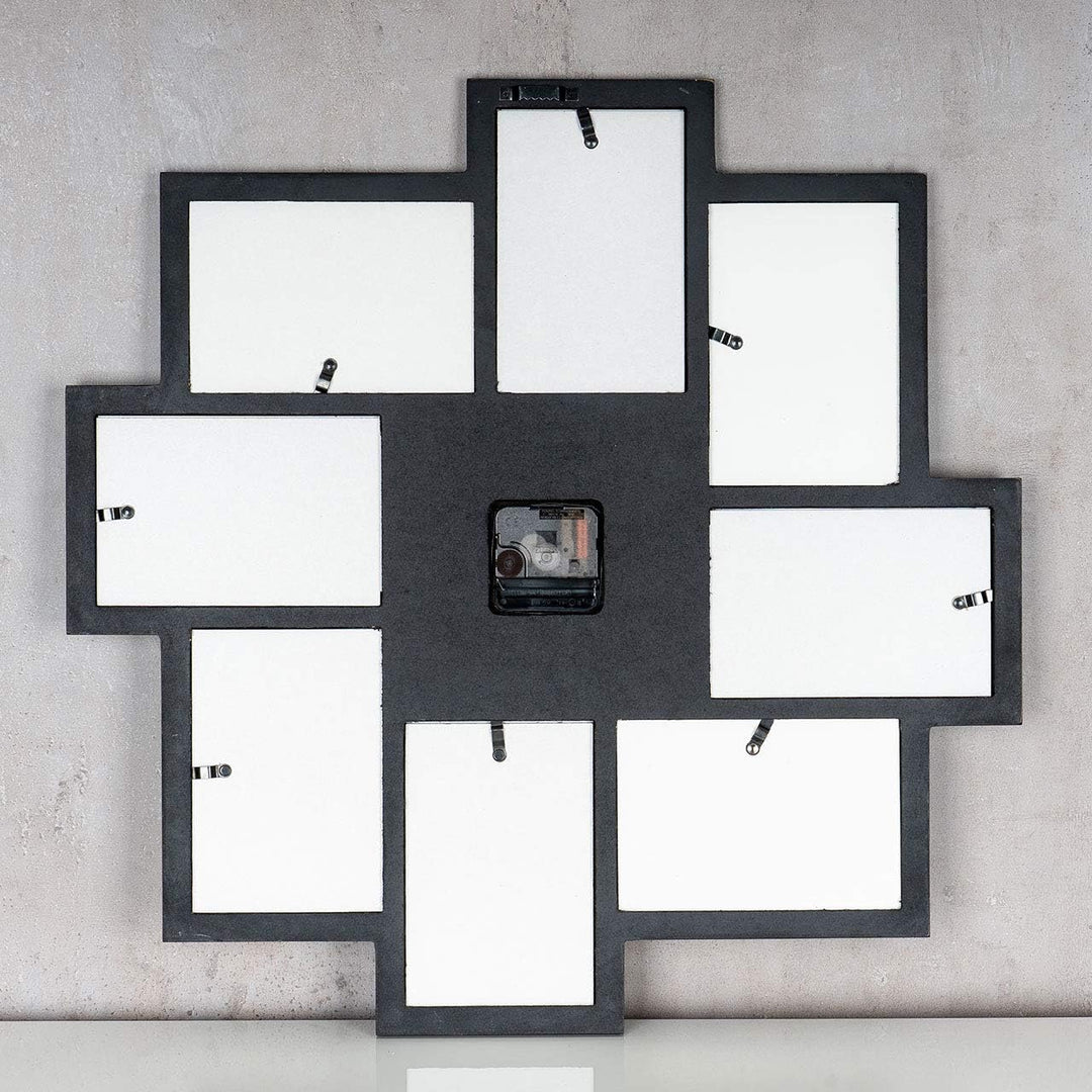 levandeo Wanduhr Schwarz 48x48cm Holz Bilderrahmen 8 Fotos Fotorahmen Collage Fotouhr Uhr Küchenuhr