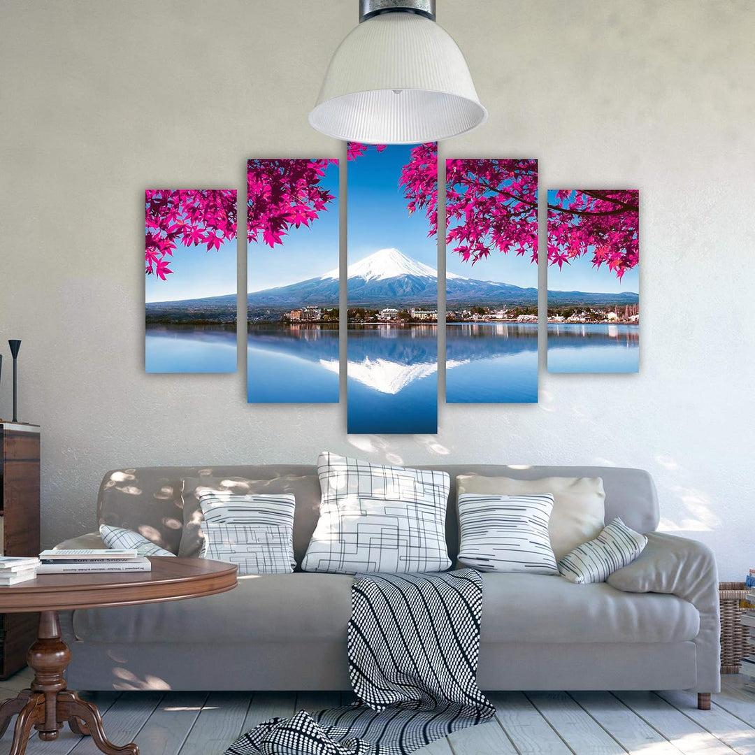 Feeby Bilder Berg 100x70 cm - Leinwandbild - 5 Teilig - Kunstdruck See Blätter rosa Leinwandbild 100