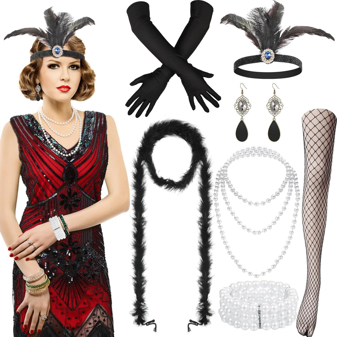 Blulu 9 Stück 1920er Jahre Damen Flapper Kleid Kostüm Set V Ausschnitt Pailletten Perlen Swing Frans