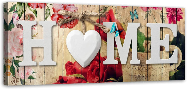 Feeby Wandbild Home 120x40 cm Druckbild Leinwandbild Wanddekoration Herz Schmetterlinge Blumen Rot L