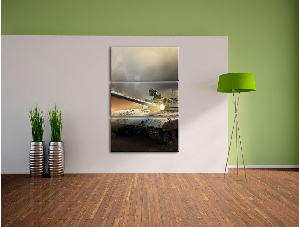 Pixxprint Panzer im Nebel 3Teiler 120x80 cm Leinwandbild Wandbild Kunstdruck