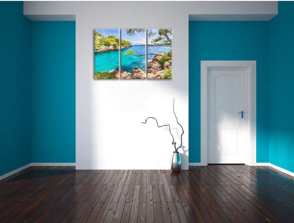 Pixxprint Idyllische Ansicht des Mittelmeers am Mallorca Bay Cove Kunst Pinsel Effekt 3-Teiler Leinw