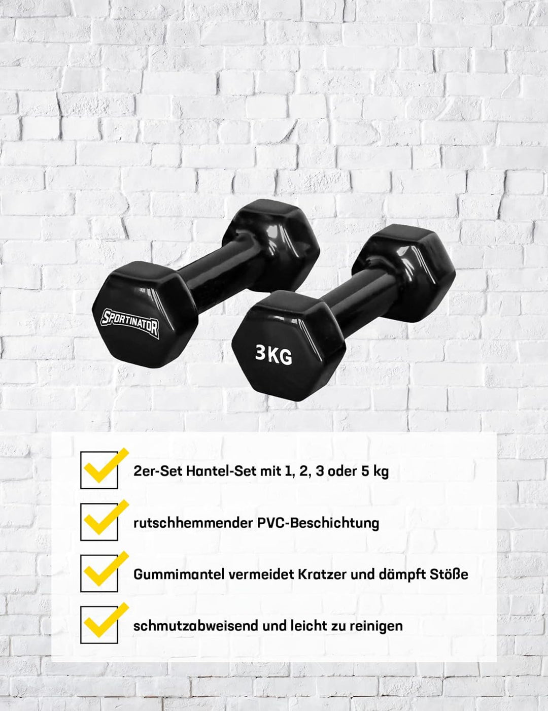 SPORTINATOR Hantel 2er-Set 1, 2, 3 oder 5 kg Hantelset, schwarz fürs Homegym, Studio oder zu Hause i