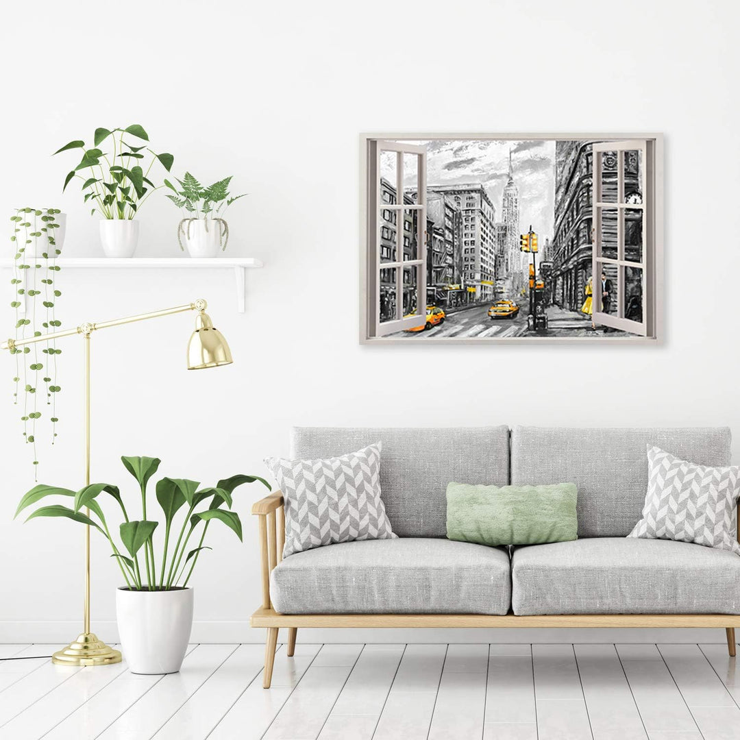Feeby Wandbild Fenster-Illusion Druckbild Leinwandbild New York Gelb 90x60 cm Leinwandbild 90x60 cm