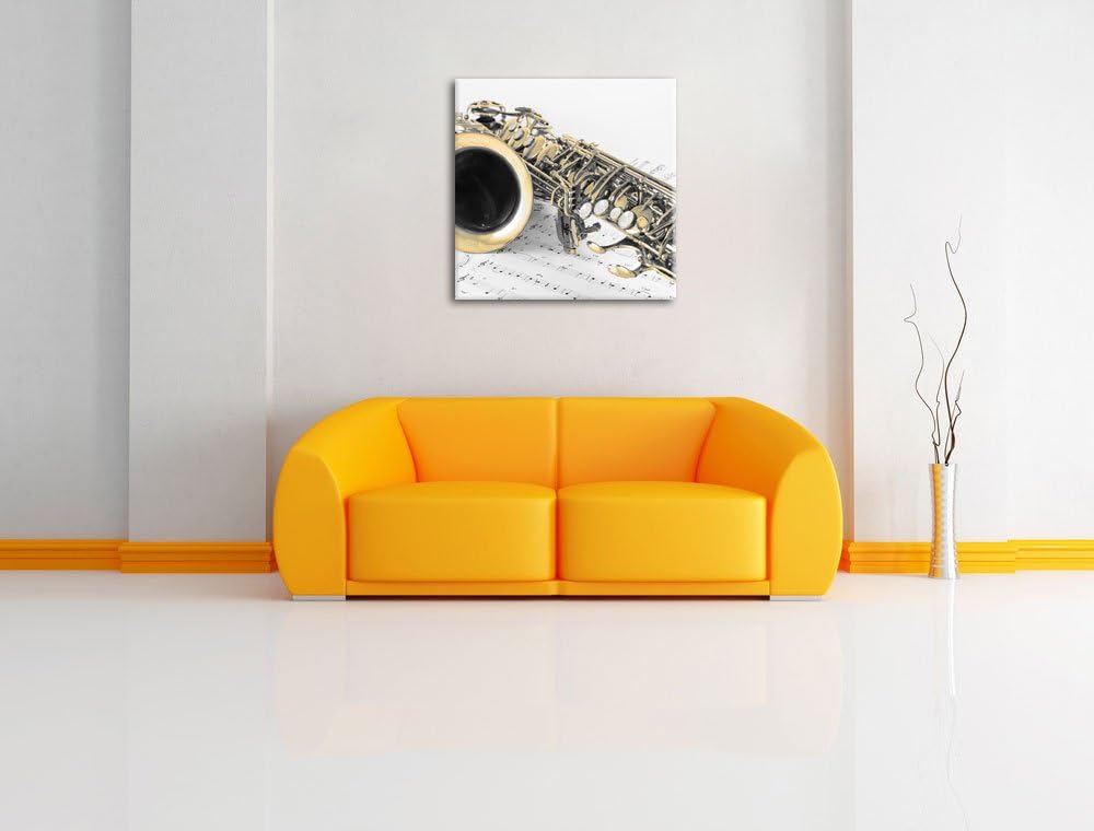 Pixxprint Saxophon auf Notenpapier als Leinwandbild/Grösse: 70x70 cm/Wandbild/Kunstdruck/fertig besp