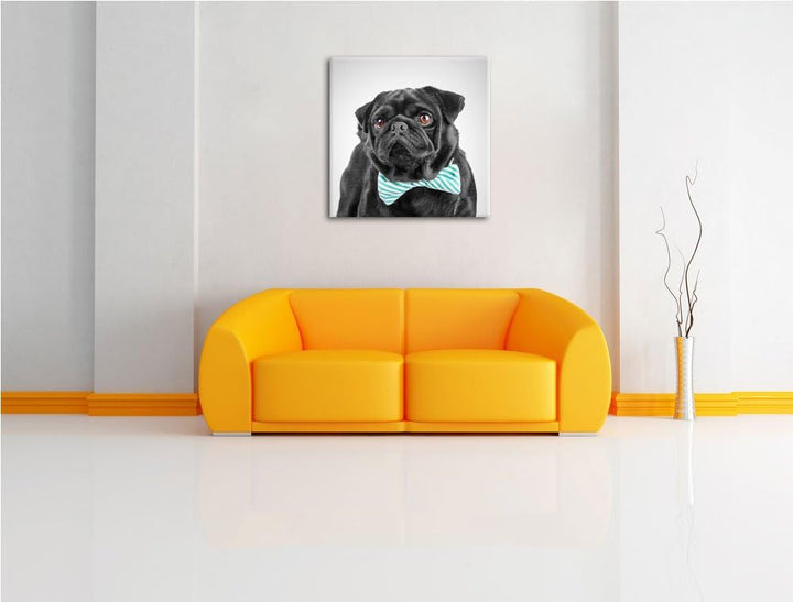 Pixxprint Mops mit lustig gestreifter Fliege als Leinwandbild Quadratisch/Grösse: 70x70 / Wandbild/K