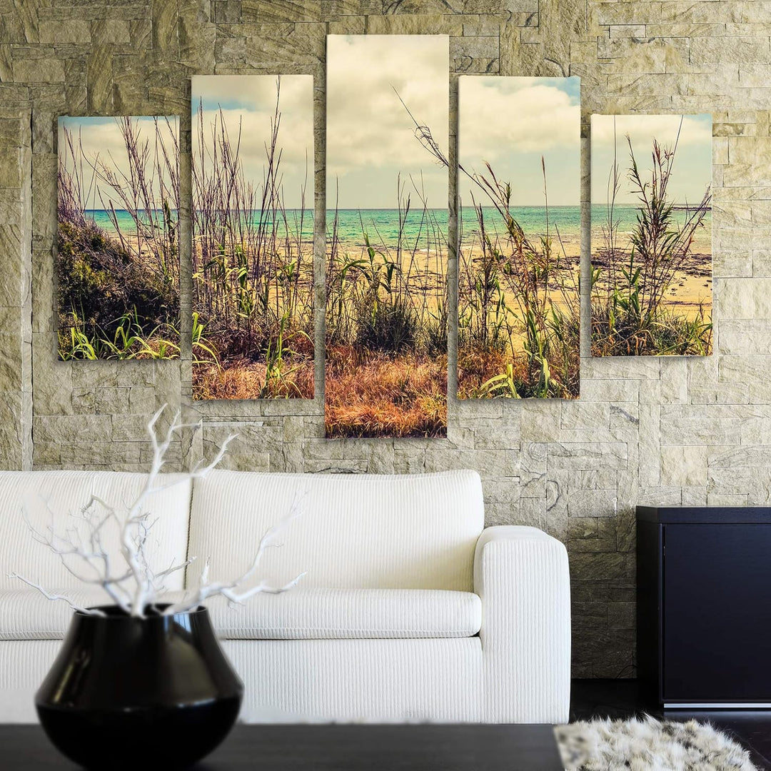Feeby Bilder Modern Landschaft 5 Teilig Design Art Sand Gras See Natur gelb 100x70 cm Deco panel 100
