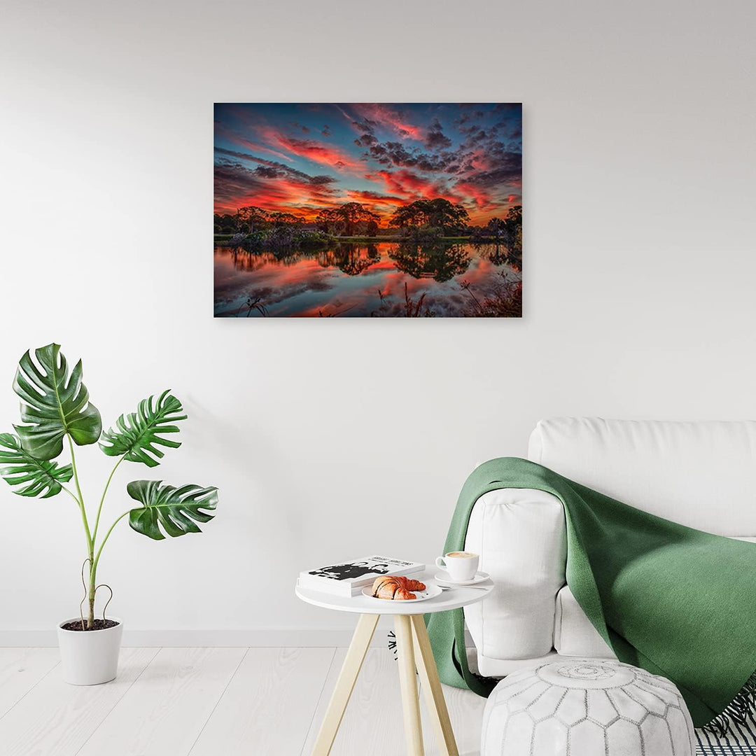 Febby Vlies Leinwandbild XXL Bäume Himmel Wolken 80x60 cm Wandbild Kunst Bilder Schlafzimmer Deko Wo