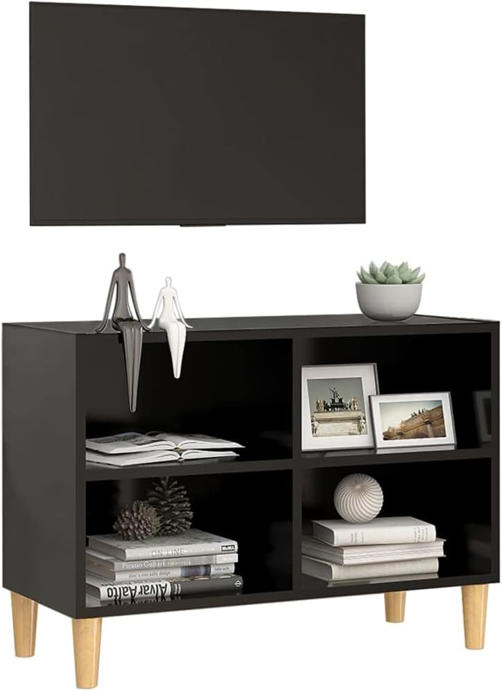 homiuse TV-Schrank mit Massivholz-Beinen Schwarz 69,5x30x50 cm TV Board Hochglanz Fernsehschrank Fer