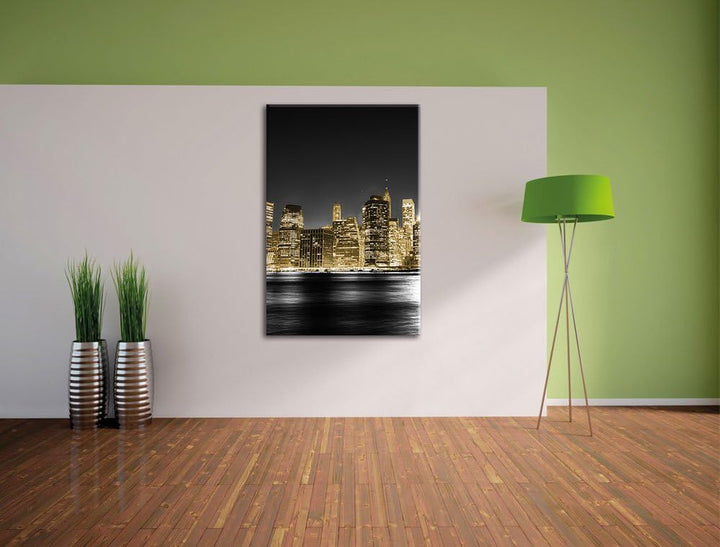 Pixxprint Manhattan Skyline bei Nacht als Leinwandbild/Grösse: 100x70 cm/Wandbild/Kunstdruck/fertig
