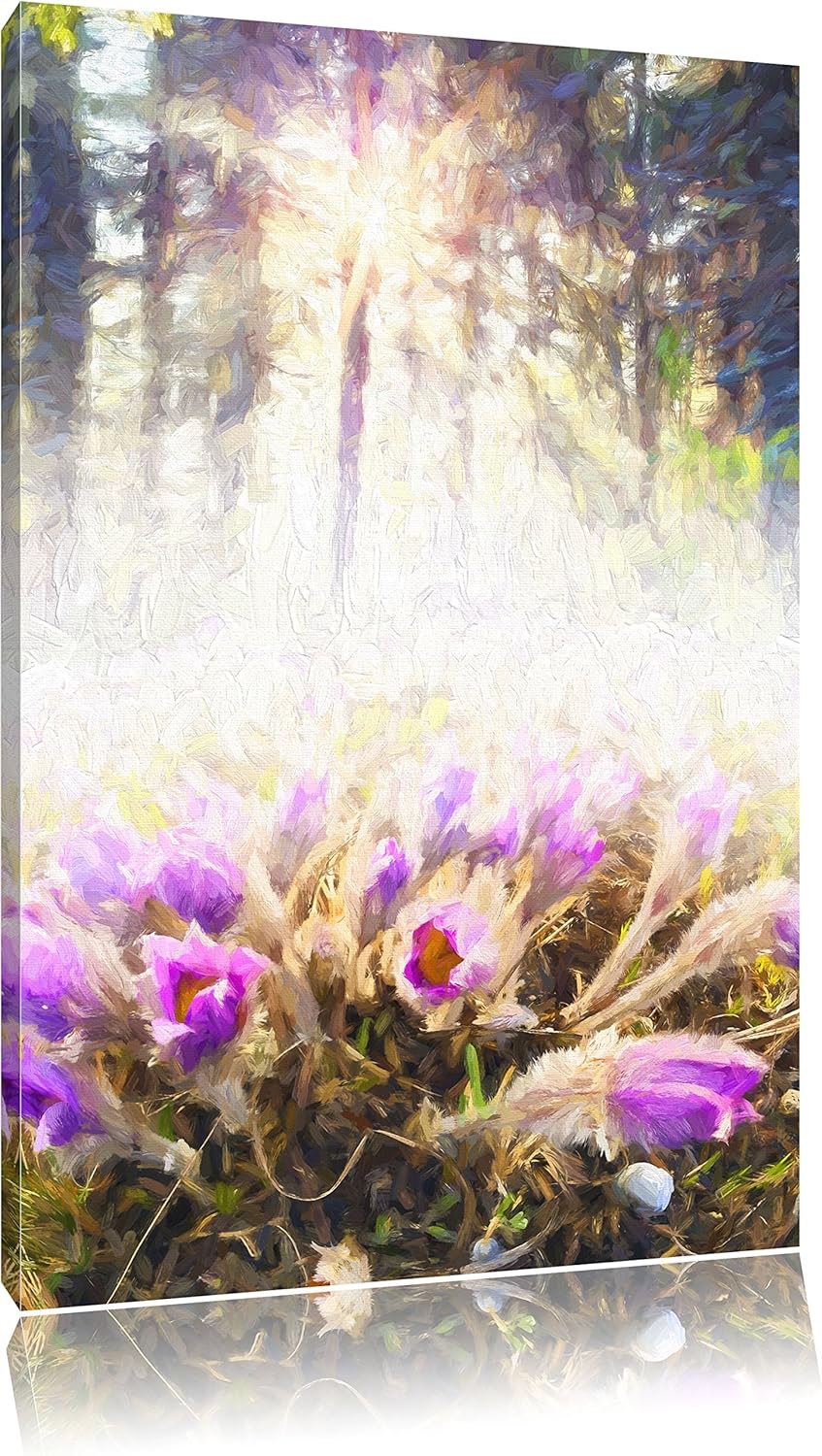 Pixxprint blühende Blumen im Wald / 100x70cm Leinwandbild bespannt auf Holzrahmen/Wandbild Kunstdruc