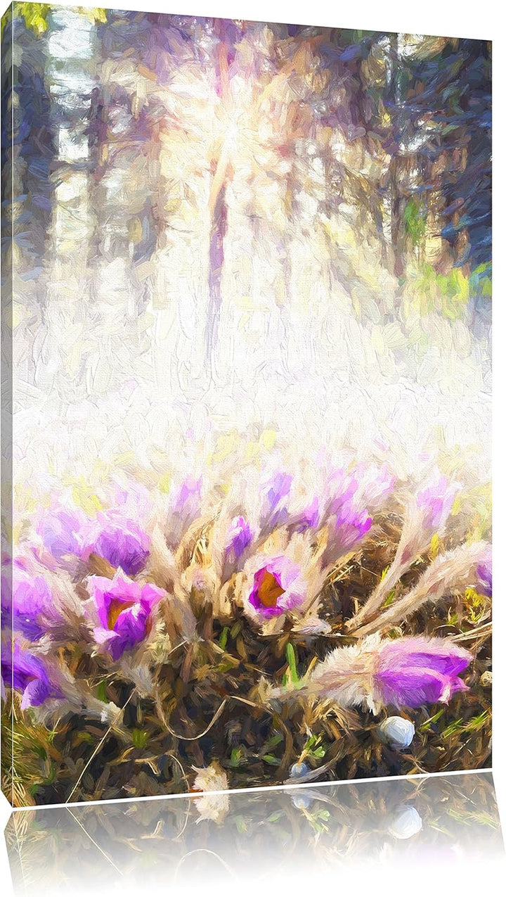 Pixxprint blühende Blumen im Wald / 100x70cm Leinwandbild bespannt auf Holzrahmen/Wandbild Kunstdruc