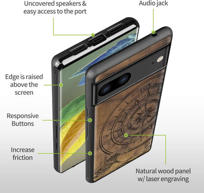 Carveit Holz Handyhülle für Google Pixel 7a Cover [Einzigartiges Design Case] Stossstange hülle Komp