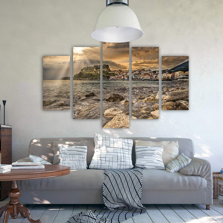 Feeby Leinwandbild Landschaft 5 TLG Bild Kunstdruck See Städtchen braun 250x120 cm Leinwandbild 250x