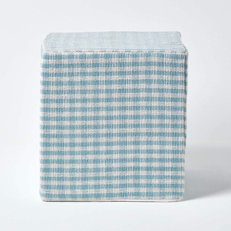 Homescapes Design Sitzwürfel Fusshocker Gingham Bauernkaro blaugrün weiss, Blau