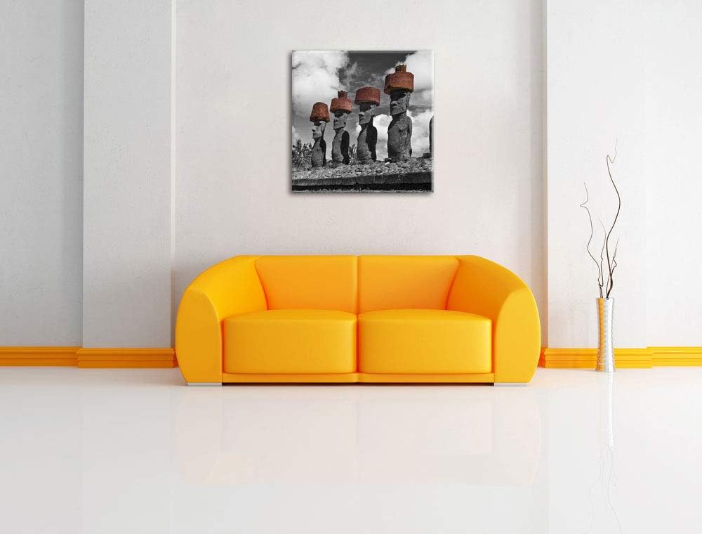 Pixxprint Moai Statuen auf den Osterinseln schwarz/weiss, Format: 70x70 auf Leinwand, 70x70