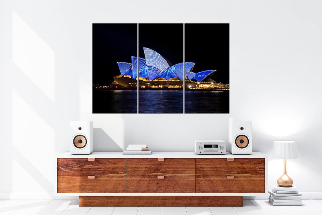 deyoli Dark Opera House in Sydney Format: 3-teilig 120x80 als Leinwandbild, Motiv fertig gerahmt auf