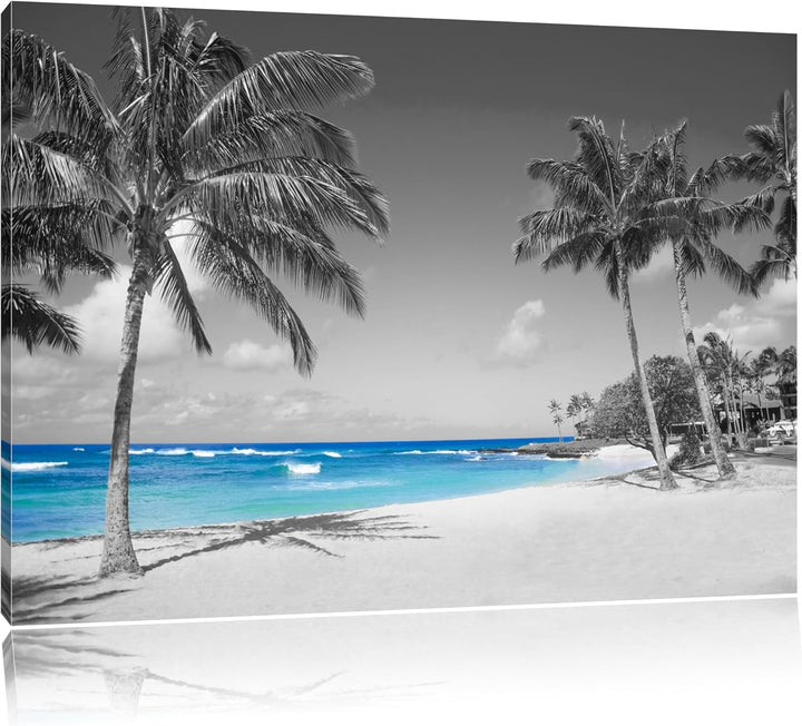 schöner Strand mit Palmen schwarz/weiss Format: 100x70 auf Leinwand, XXL riesige Bilder fertig gerah