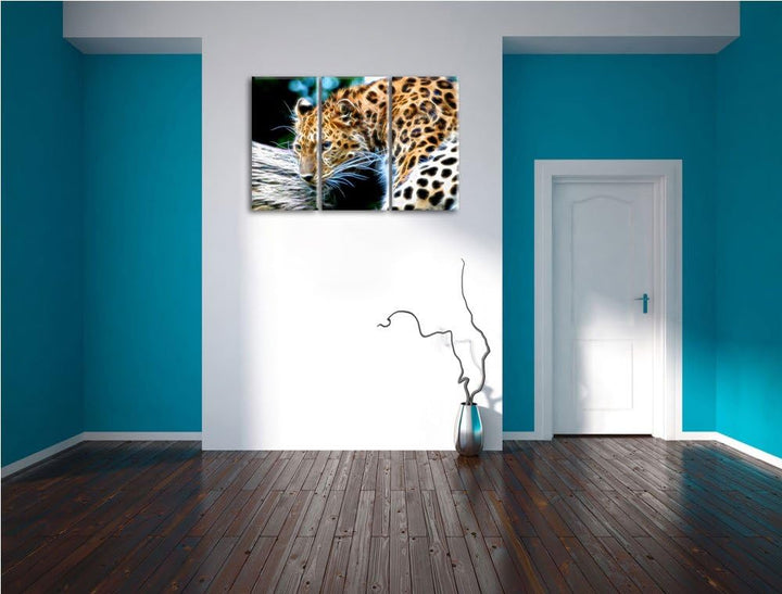 Dark aufmerksamer Leopard auf Baumstamm NewArt 3-Teiler Leinwandbild 120x80 Bild auf Leinwand, XXL r