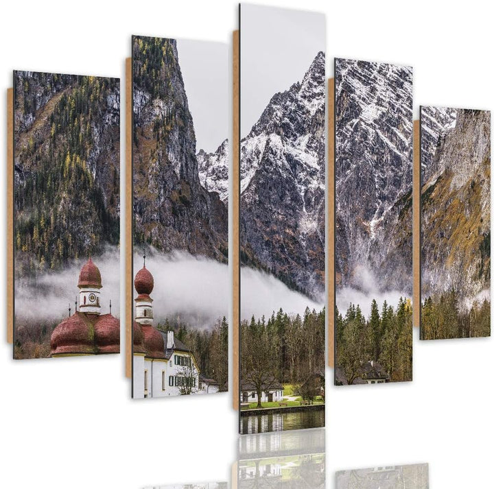 Bilder 5 Teilig Landschaft Deco Panel Kunst Berge Kirche Wasser bunt 100x70 cm Deco panel 100x70 cm