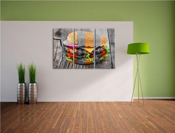 Saftiger Cheeseburger schwarz/weiss 3-Teiler Leinwandbild 120x80 Bild auf Leinwand, XXL riesige Bild