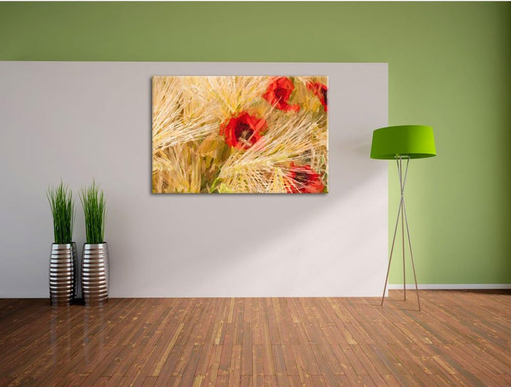 Pixxprint rote Mohnblumen auf dem Mais-Feld Kunst Pinsel Effekt, Format: 100x70 auf Leinwand, XXL ri