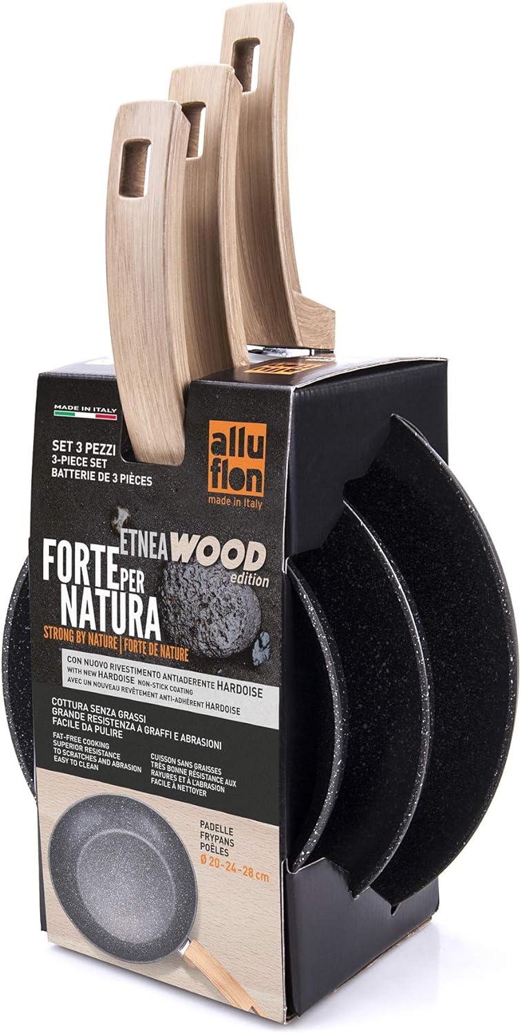 ALLUFLON Etnea Wood Anti-Haft Bratpfanne Set 20-24-28, Aluminium, Schwarz - Stein Optik 28 cm 24 cm,