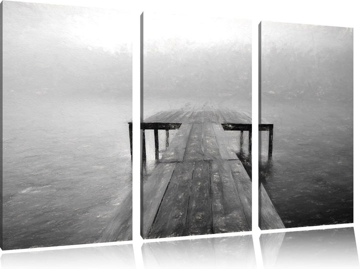 Pixxprint Steg am See im Nebel Kohle Effekt 3-Teiler Leinwandbild 120x80 Bild auf Leinwand
