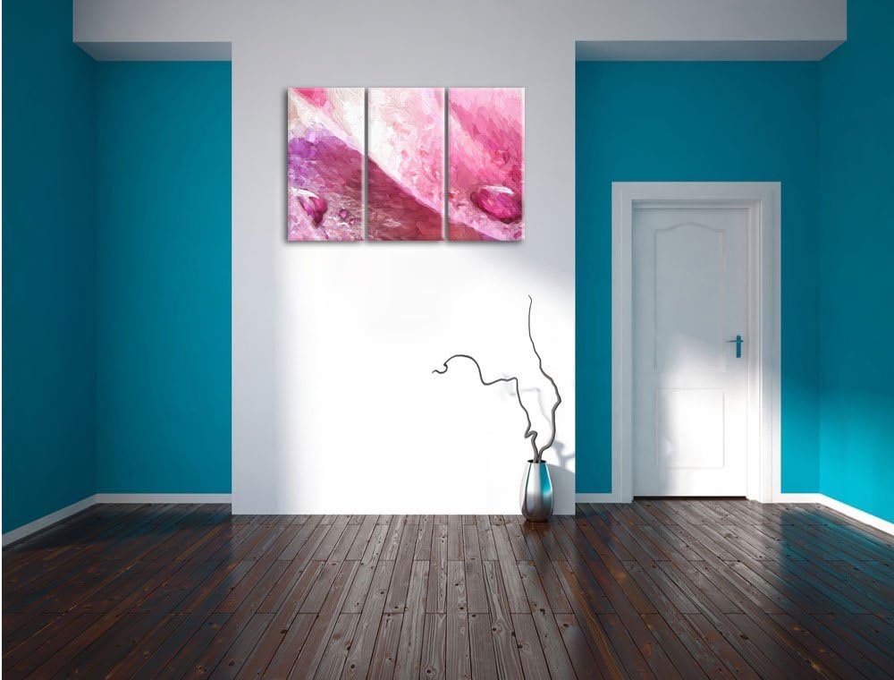 Pixxprint Rosane Tulpenblätter mit Wassertropfen Kunst Pinsel Effekt 3-Teiler Leinwandbild 120x80 Bi