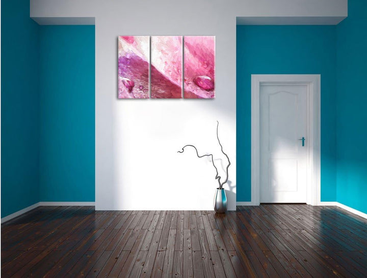 Pixxprint Rosane Tulpenblätter mit Wassertropfen Kunst Pinsel Effekt 3-Teiler Leinwandbild 120x80 Bi