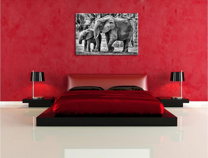 Pixxprint Elefantenkuh neben Jungtier / 100x70cm Leinwandbild bespannt auf Holzrahmen/Wandbild Kunst