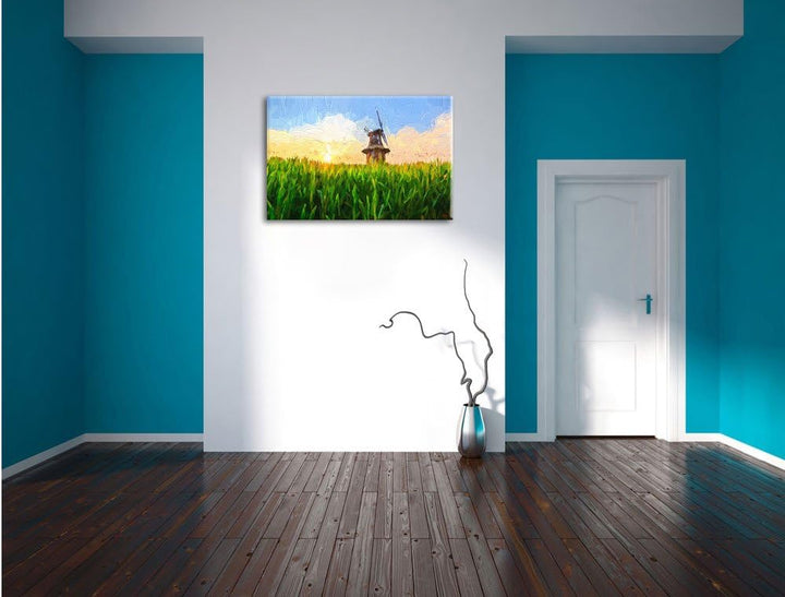 Pixxprint Windmühle auf dem Feld als Leinwandbild/Grösse: 100x70 / Wandbild/Kunstdruck/fertig bespan