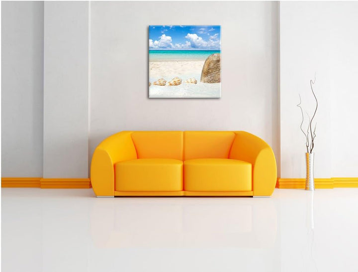 Pixxprint Sandstrand mit Muscheln als Leinwandbild/Grösse: 70x70 cm/Wandbild/Kunstdruck/fertig bespa