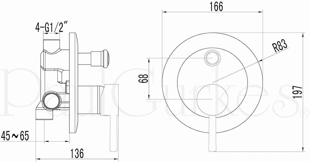 PaulGurkes Design Unterputz Duscharmatur Wannenarmatur mit Umsteller rund
