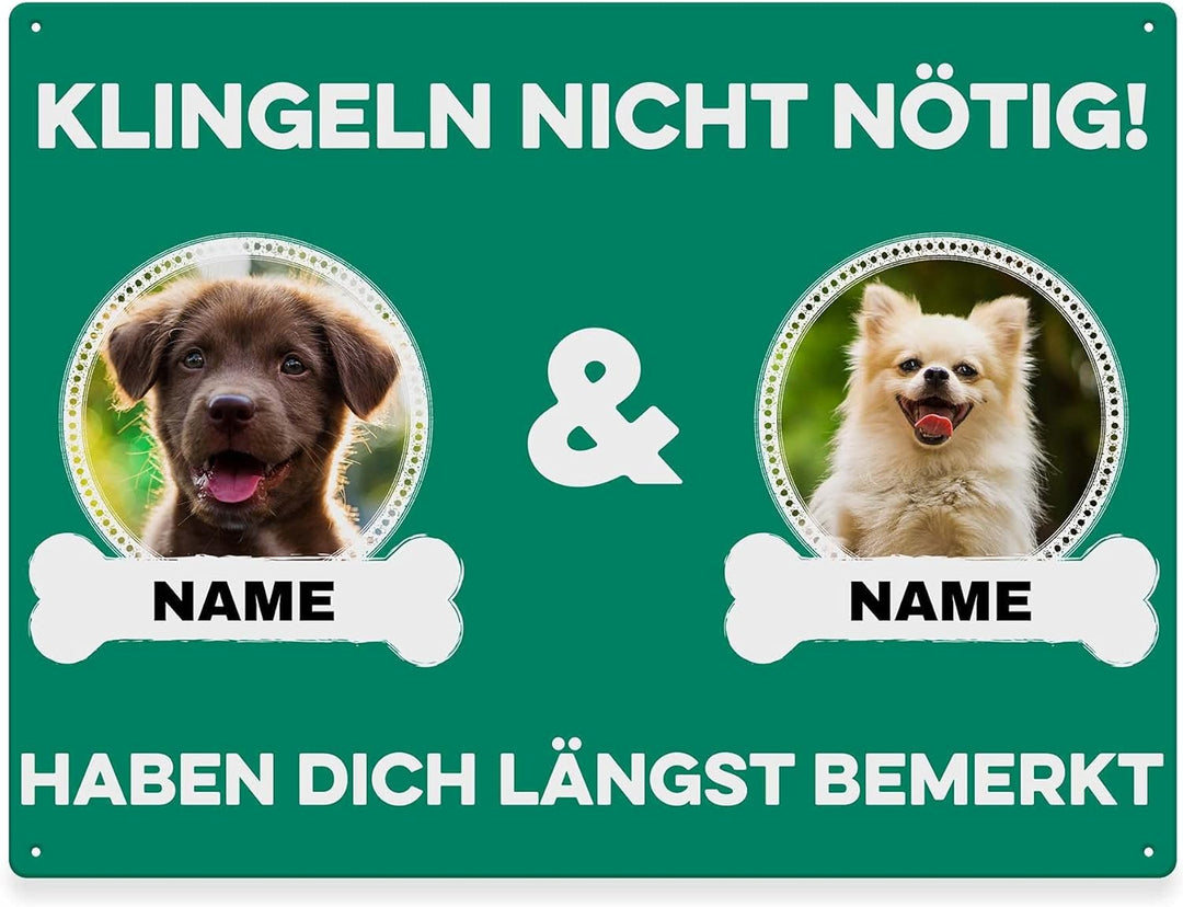 Hunde Schild personalisiert - Klingeln nicht nötig - Metallschild mit Foto und Name für aussen, wett
