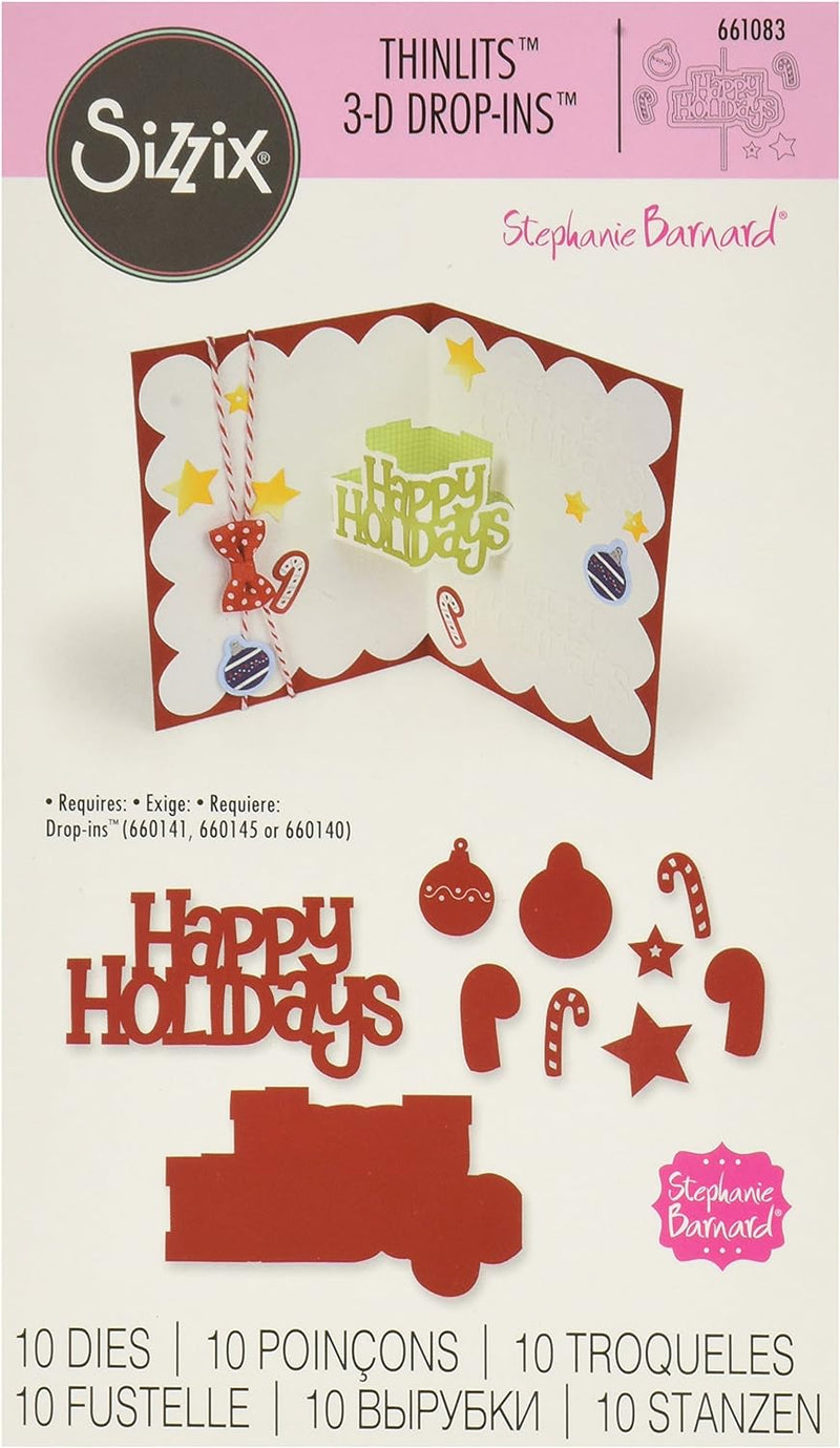 Sizzix 661083 Thinlits Stanzschablonen-Set, Happy Holidays 3-D Drop-ins Sentiment von Stephanie Barn