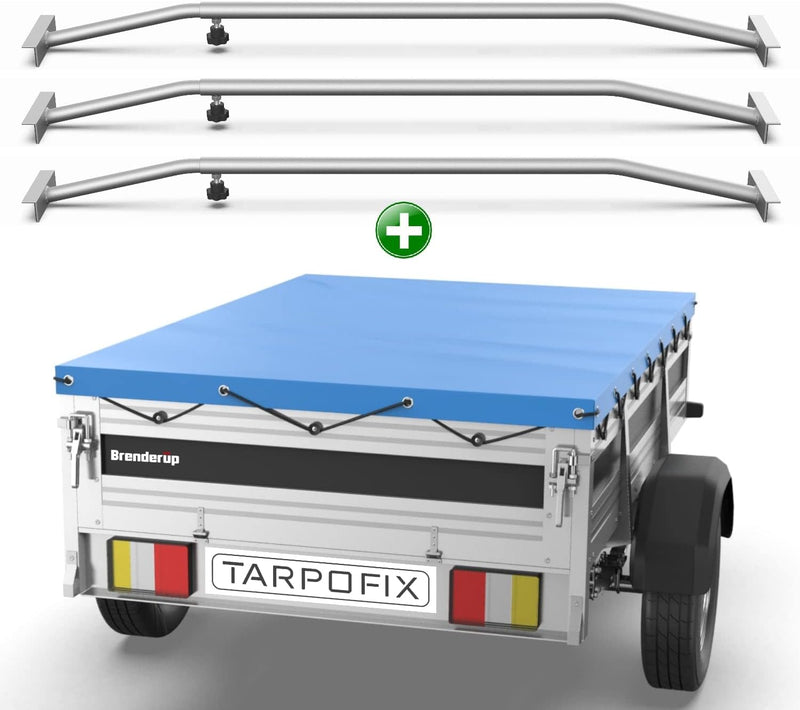 Tarpofix® Anhängerplane Flachplane 264 x 135 x 7,5 cm + 3X Planenbügel (verstellbar 100-145 cm) - ra