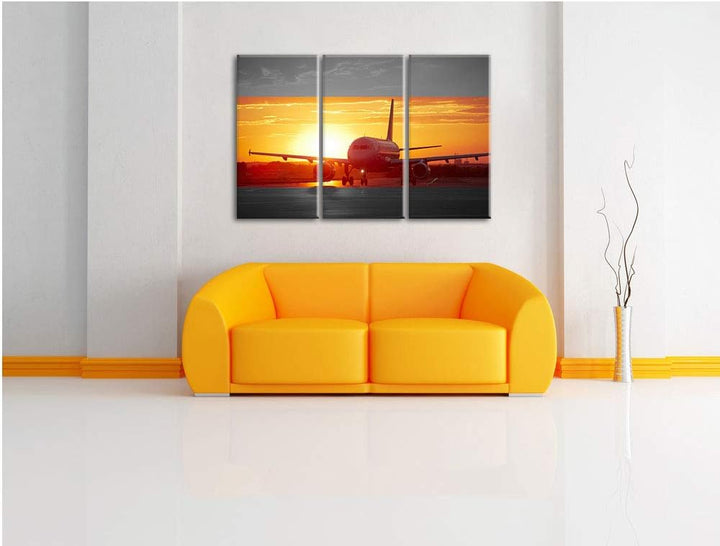 Pixxprint Flugzeug im Sonnenuntergang 3Teiler 120x80 cm Leinwandbild Wandbild Kunstdruck