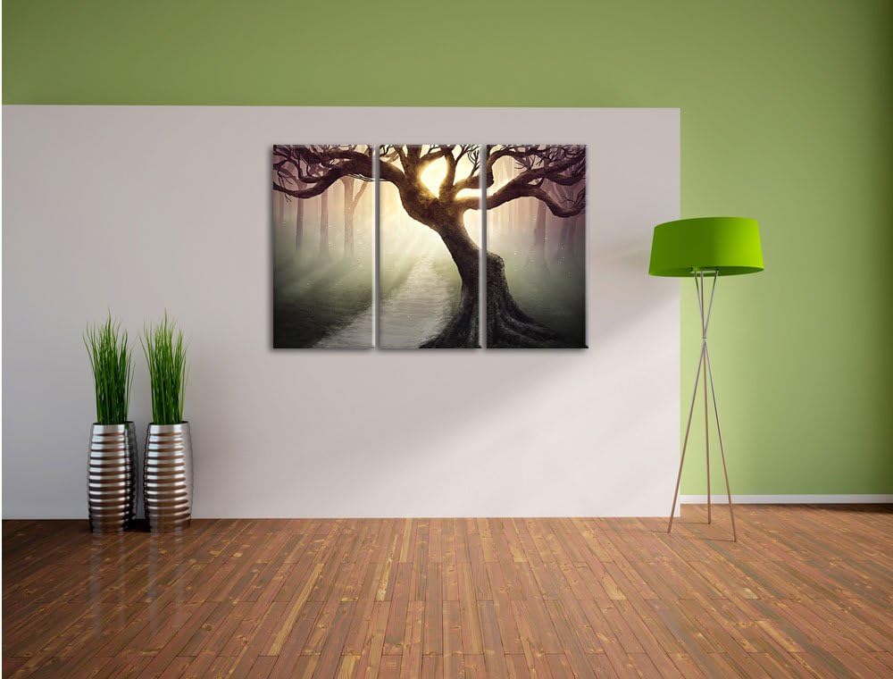 Pixxprint Baum am Waldweg als Leinwandbild/Grösse: 3 Teilig (120x80) cm/Wandbild/Kunstdruck/fertig b