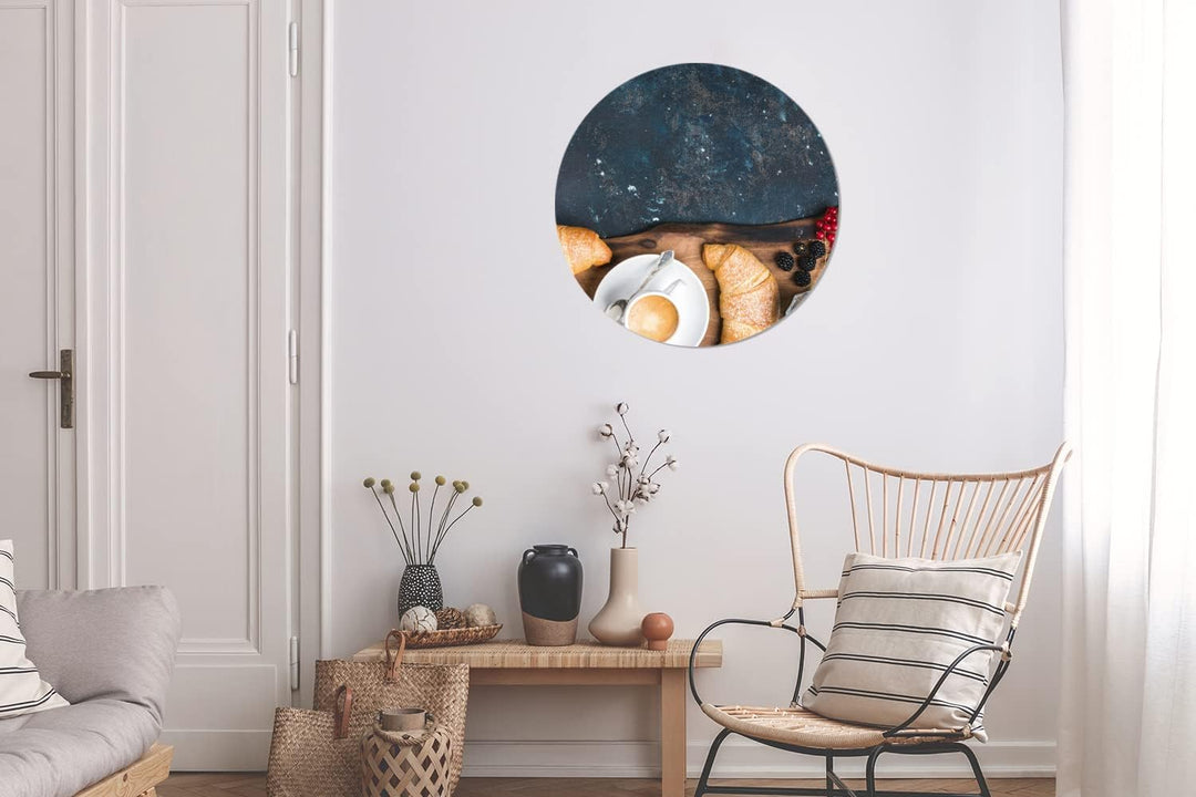 MuchoWow Wandbild Rund Wanddeko Deko Wohnzimmer Bilder 60x60 cm Croissant - Obst - Kaffee - Küche, 6