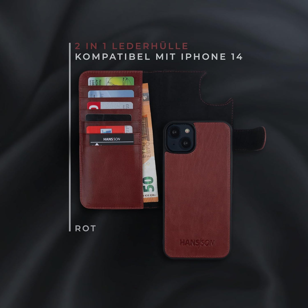 HANS/SON Lederhülle mit Kartenfächern | iPhone 14 | Echtleder | 6,1 Zoll | Schmal | Klapphülle | Sto
